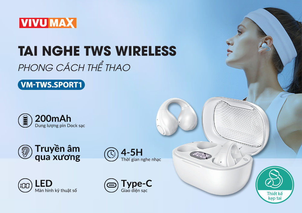 Tai Nghe Không Dây Kẹp Tai TWS Vivumax Sport 1 (S13) màu trắng - Hàng Chính Hãng, Bảo Hành Chính Hãng