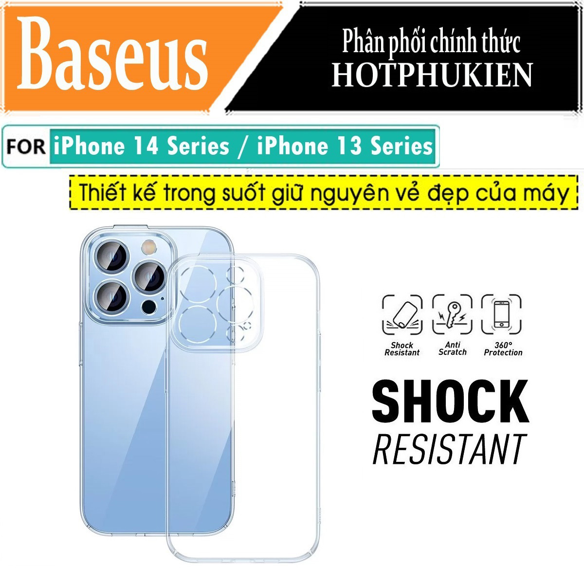 Ốp lưng chống sốc trong suốt cho iPhone 14 / 14 Plus / 14 Pro / 14 Pro Max / 13 / 13 Pro / 13 Pro Max hiệu Baseus Protective Case trang bị khung bảo vệ camera, chống chịu va đập cực tốt, độ trong suốt chuẩn HD - Hàng nhập khẩu