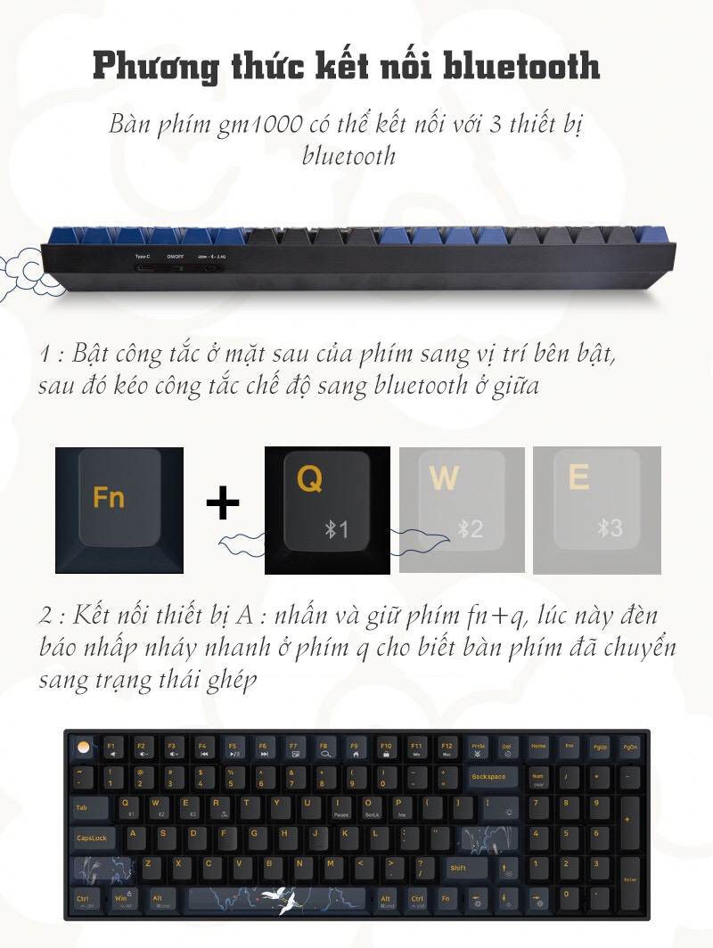 Bàn phím cơ không dây Dual Mode Newmen GM1000(Phiên bản Tiên Hạc-Trăng &amp; Mây đặc sắc),Hotswap,Keycap PBT double-shot,LED RGB, đa chế độ kết nối (Bluetooth 5.0/Wired/2.4G)-Hàng chính hãng, bảo hành 24 tháng