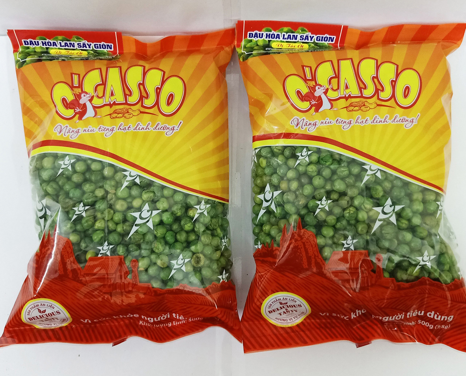 1kg Đậu Hòa Lan Sấy Giòn Vị Tỏi Ớt O'Casso 2 gói 500g