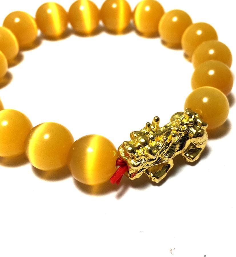 Vòng tay phong thủy đá mắt mèo màu vàng kèm cham tì hiu bạc mạ vàng 24k cao cấp cho người mệnh kim - mệnh thổ - VPT29A- Bạc QTJ