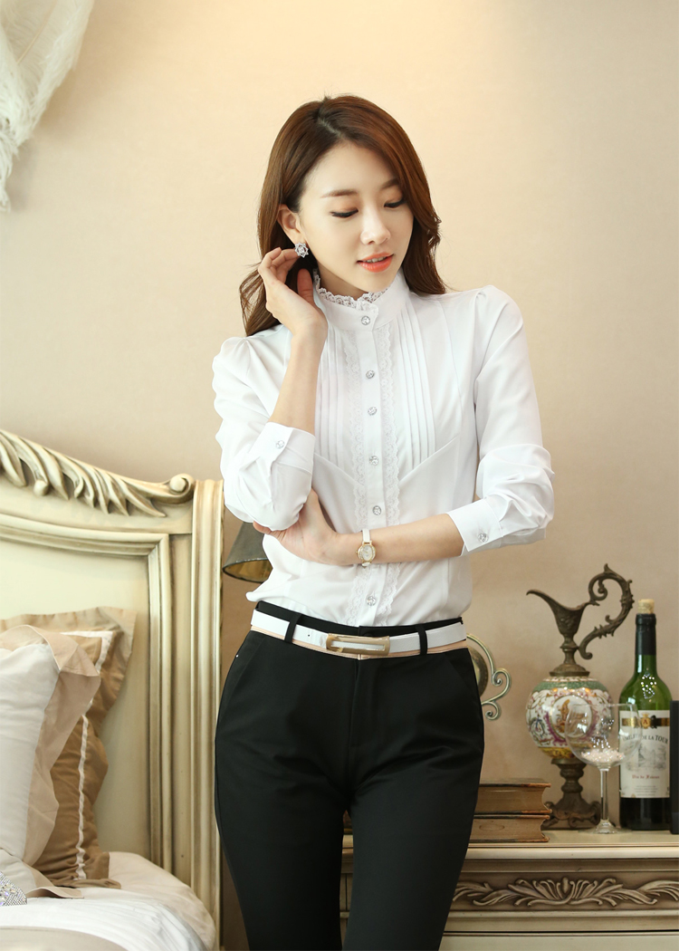 Áo sơ mi nữ cổ trụ phối ren sang chảnh, cách điệu xinh xắn, thời trang công sở AH84