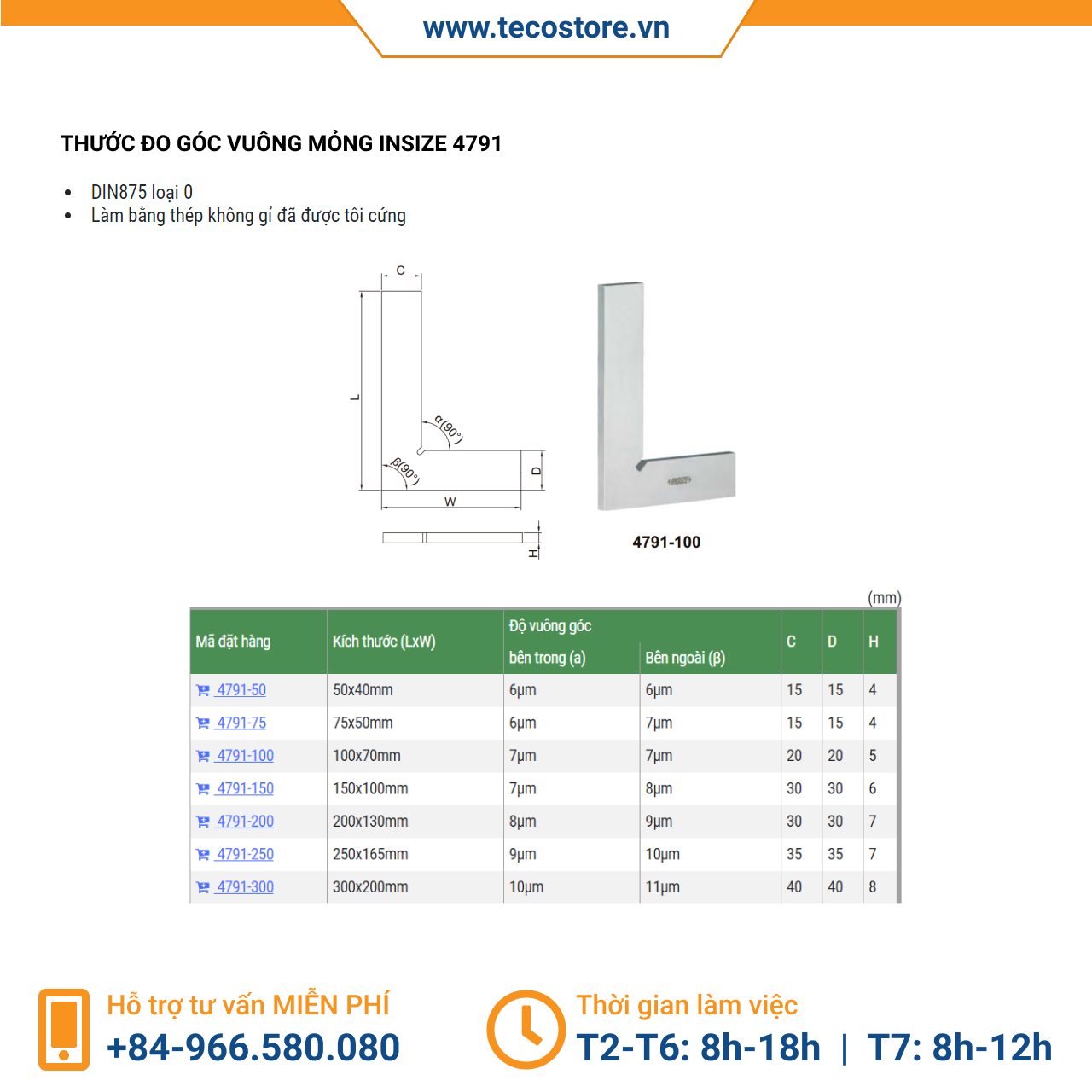 Thước đo góc vuông mỏng Insize 4791