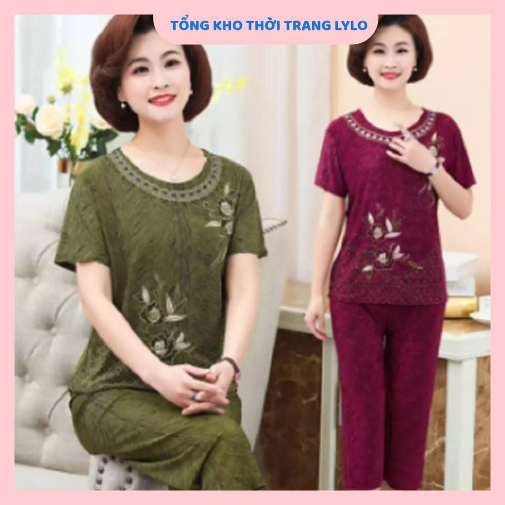 Bộ trung niên nữ mặc nhà thêu hoa chất liệu mềm mịn thoáng mát