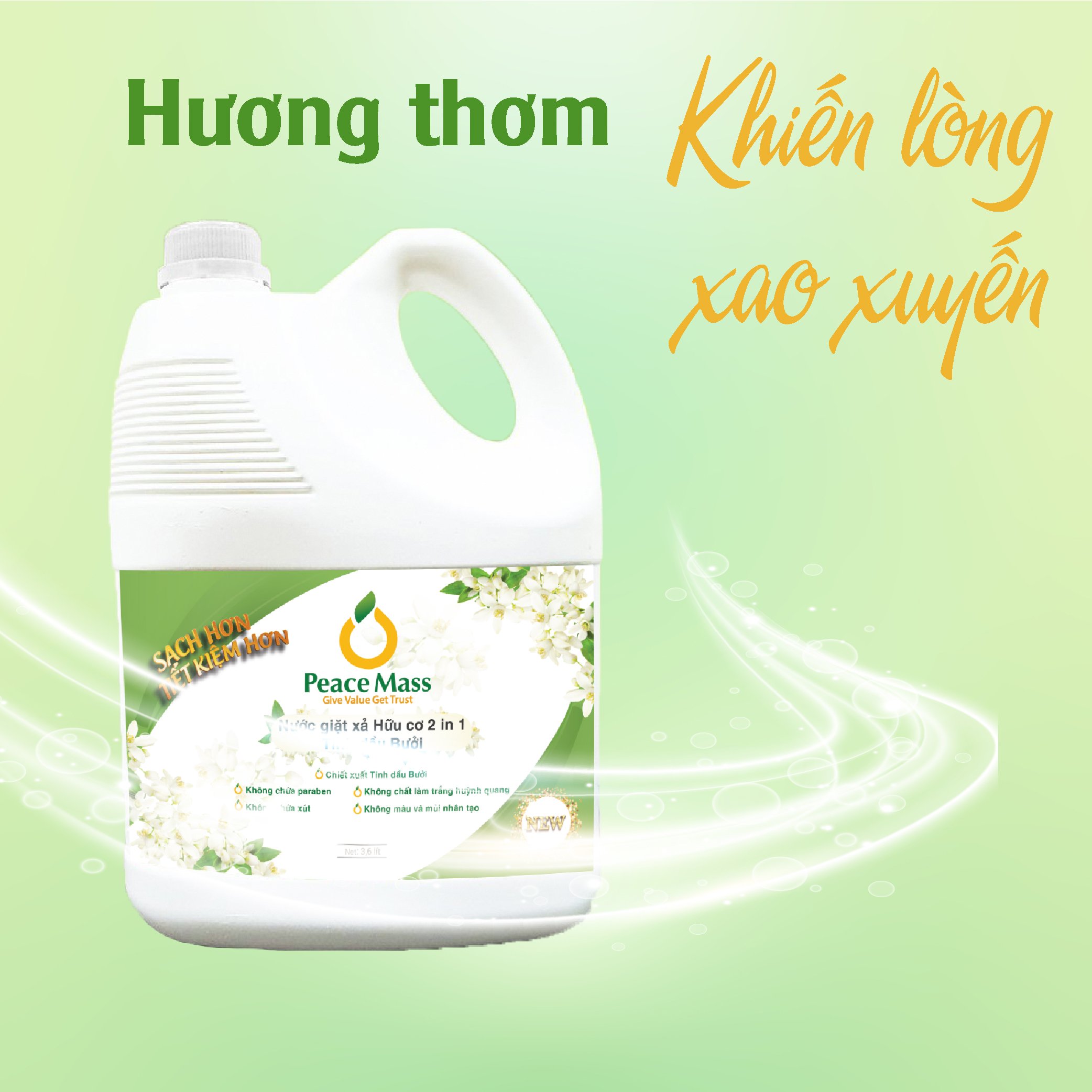 Nước Giặt Xả Gốc Thực Vật 2in1 Peace Mass (Thuộc nhóm Sản phẩm Lành tính / Hữu cơ) Can 3.6l