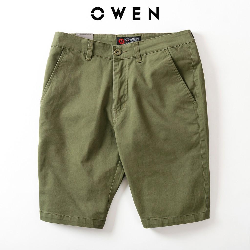 Quần short nam kaki Owen màu rêu, chất liệu vải cotton cao cấp, co giãn, trẻ trung, dáng slimfit năng động