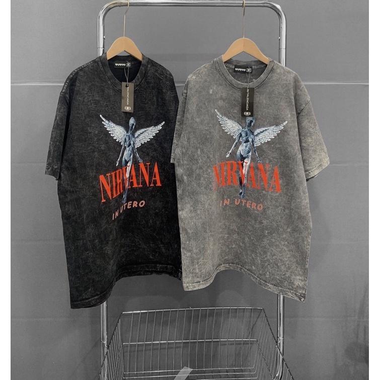 Áo thun tay lỡ NIRVANA chữ đỏ, áo thun wash loang UNISEX