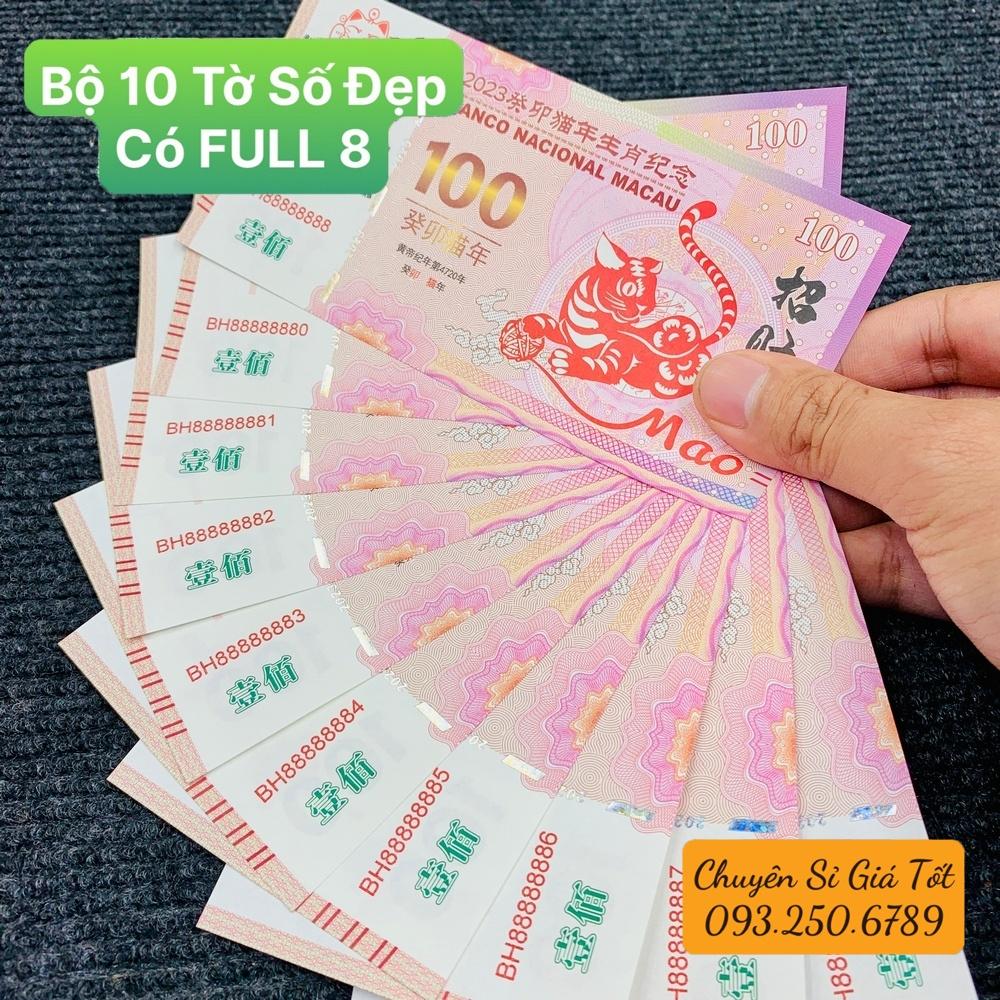 Bộ 10 Tờ Số Đẹp, có Full 8 - Tiền phong thủy hình Mèo Macao 100 kèm bao lì xì Tết 2023