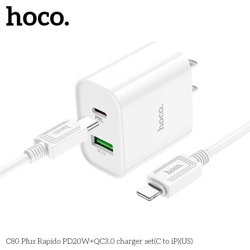 Hình ảnh Bộ Sạc Nhanh Dành Cho Hoco. C80 Plus PD20W QC3.0 2 Cổng Sạc Type-C + USB-A Kèm Cáp Type-C To IP Dài 1m Hàng Chính Hãng