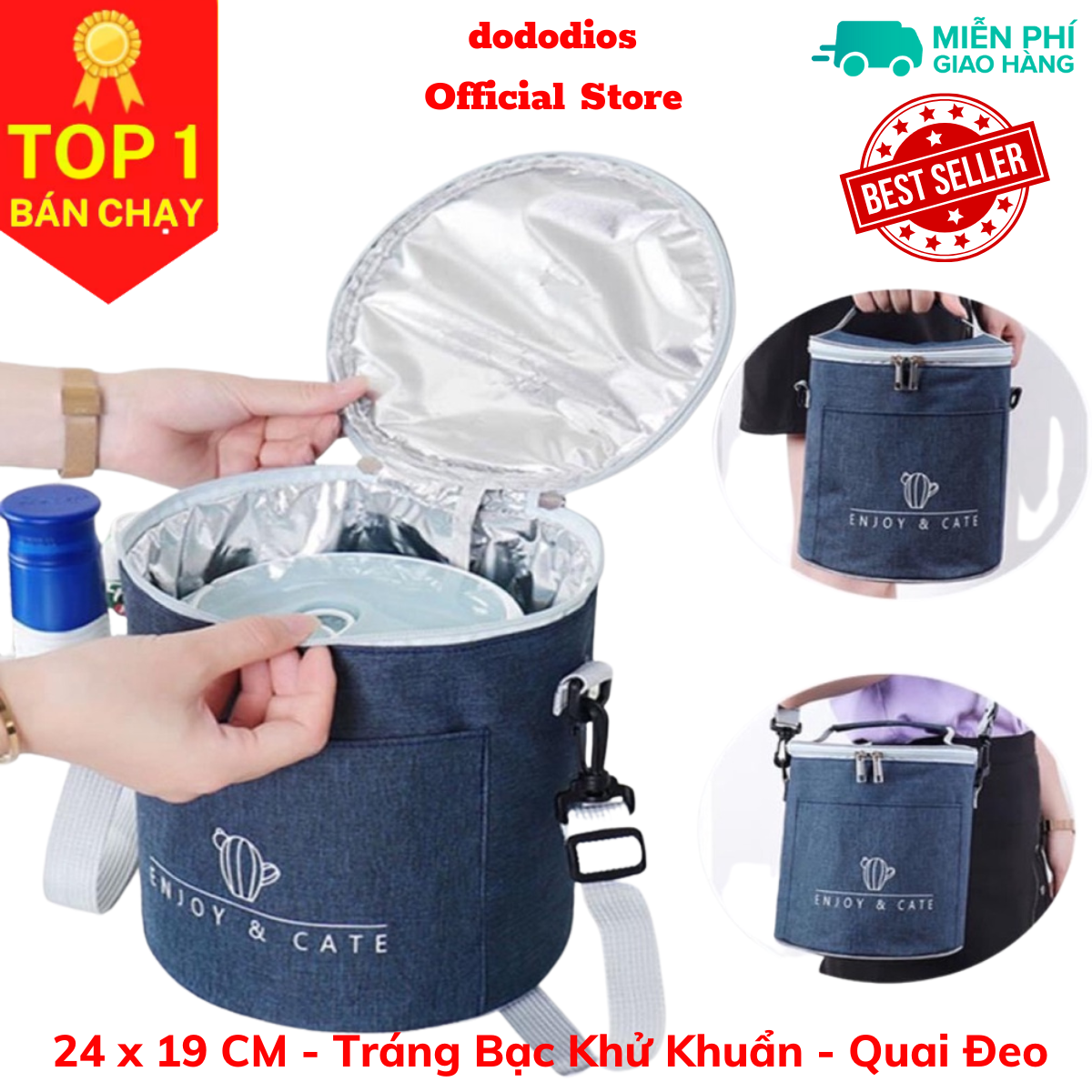 Túi đựng hộp cơm giữ nhiệt cao cấp hình trụ - tráng bạc diệt khuẩn - có quai đeo - chính hãng dododios