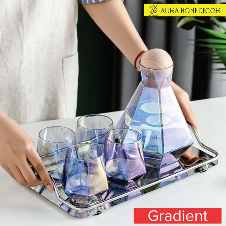 Bộ bình nước + 4 cốc thuỷ tinh - khay đổi màu chịu nhiệt cao cấp mẫu mới 2021 - BTT2.1