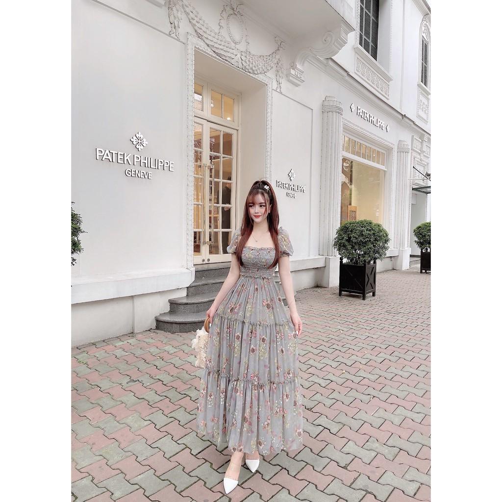 Đầm Maxi Hoa Dáng Xòe Trễ Vai Nhúng Ngực - Vải Voan - 2 Màu Hồng, Xanh - Dành Cho Nàng Đi Chơi - ẢNH THẬT