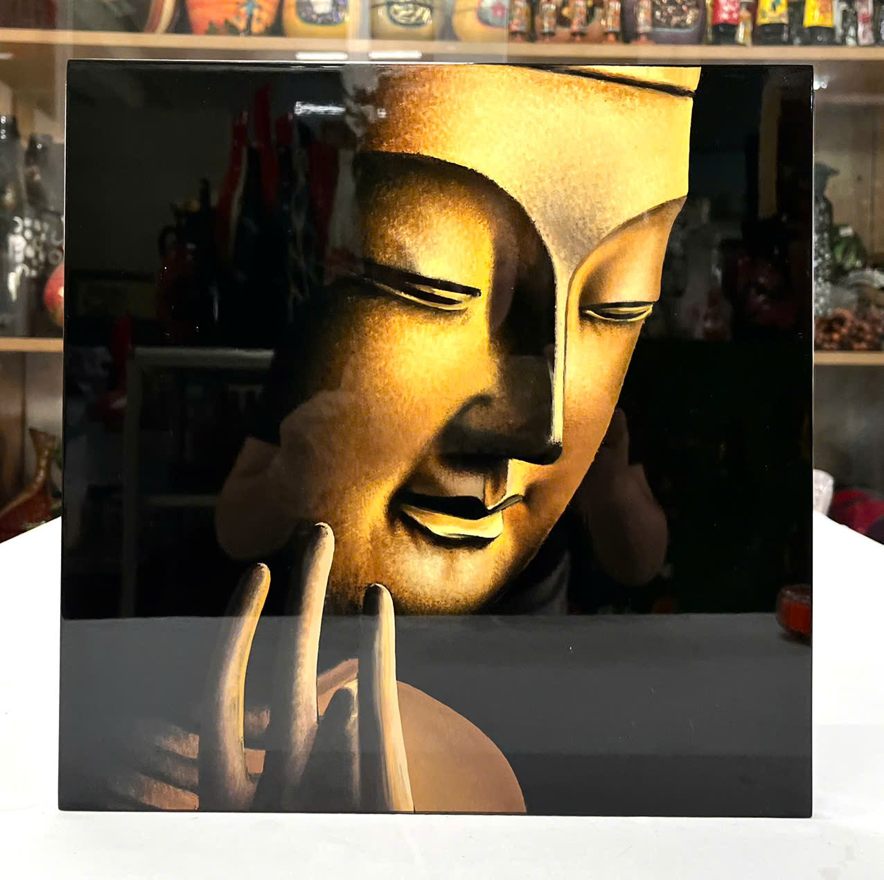 Tranh sơn mài vẽ tay Tượng Phật cao cấp Thanh Bình Lê size 38x38 cm treo tường, trang trí nhà cửa, văn phòng, quà tặng