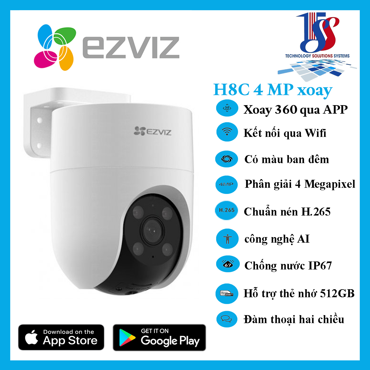 Camera wifi ngoai trời,camera Ezviz H8C 2K độ phân giải 4 megapixel, quay quét 355 độ, màu ban đêm, đàm thoại, AI