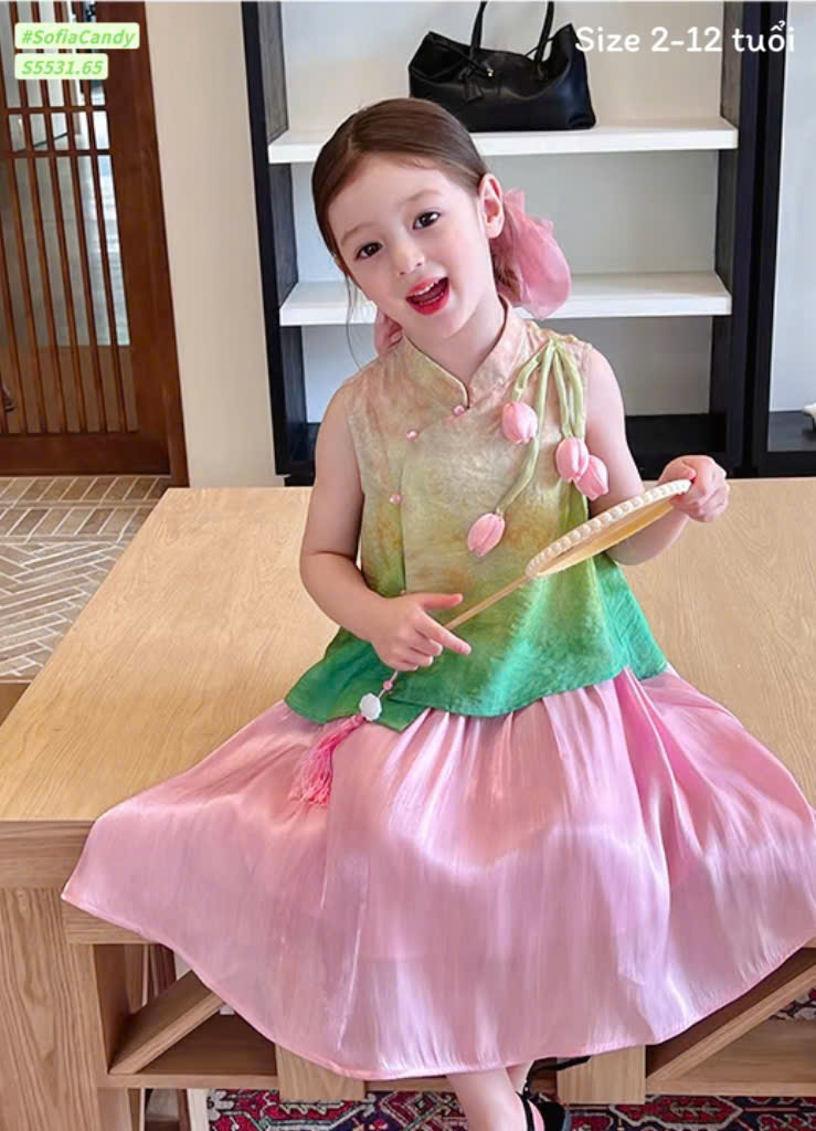 set váy đầm sườn xám cho bé gái diện tết năm mới 10-40kg lụa mềm mát hoa nổi