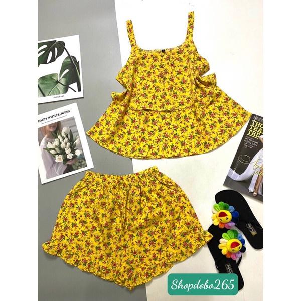 Bộ ngủ 2 dây,đồ bộ mặc nhà đùi tầng vải lụa BN 16 họa tiết hoa nhí siêu cưng size 45-57kg