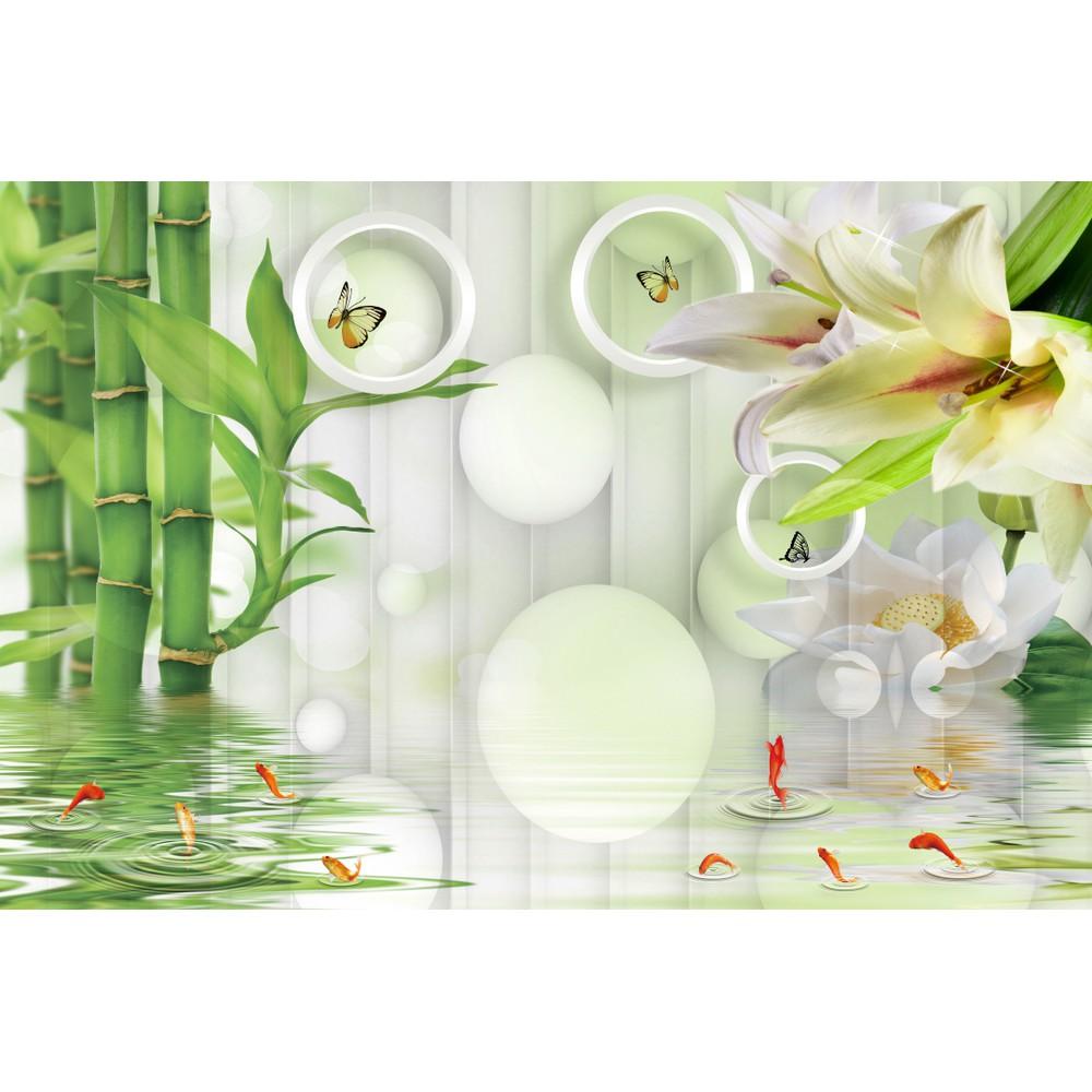 Tranh dán tường Tranh phong thủy đàn cá và hàng tre xanh, tranh dán tường 3d hiện đại