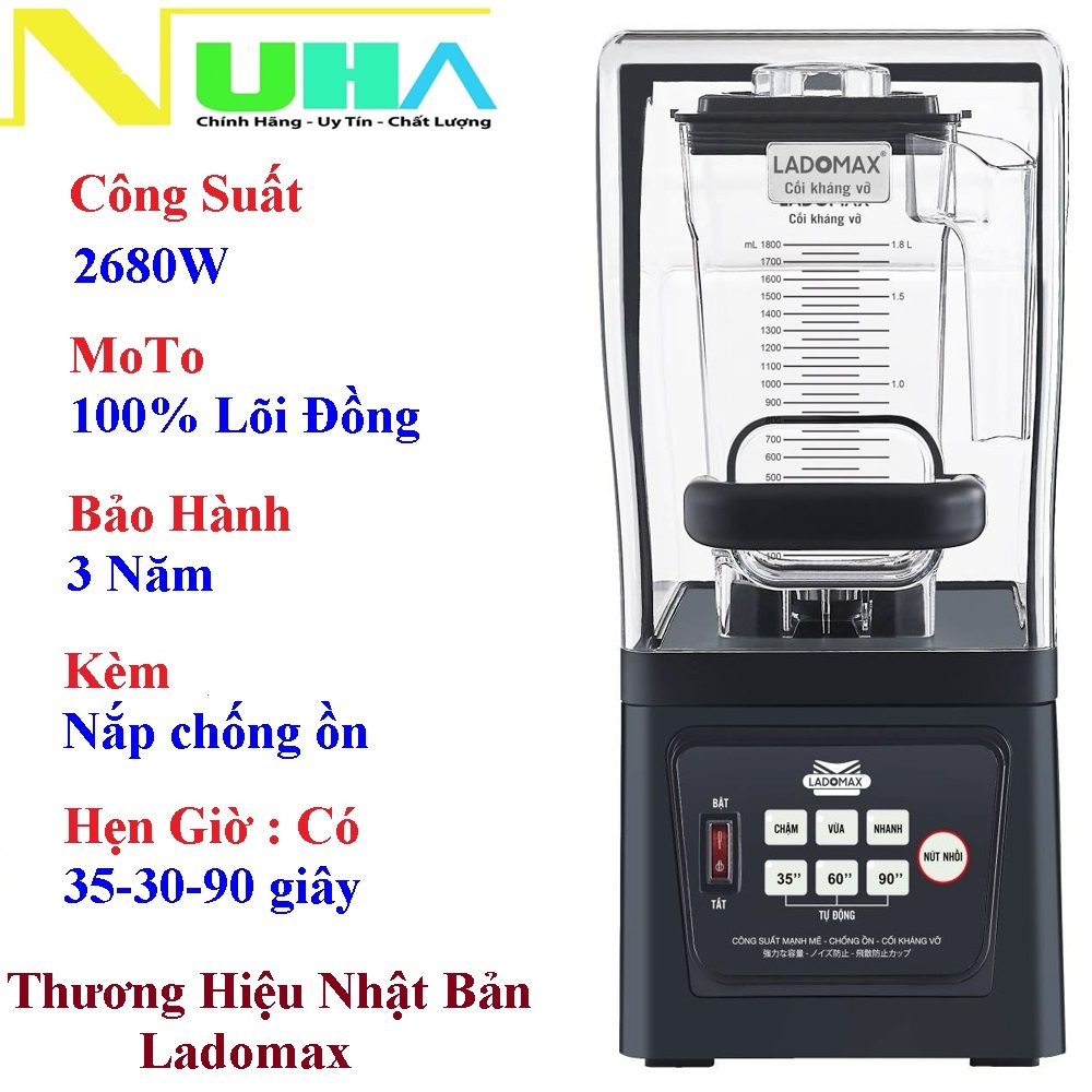 Máy xay sinh tố CÔNG NGHIỆP-CHỐNG ỒN Ladomax 2680W, moto đồng, 2 chế độ an toàn, có hẹn giờ-Hàng chính hãng