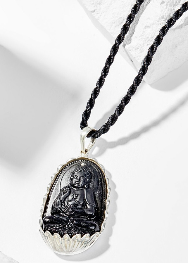 Mặt Dây Chuyền Phong Thủy Đá Obsidian Phật Bản Mệnh Tuổi Tuất, Hợi A Di Đà Bồ Tát Bọc Bạc Ngọc Quý Gemstones
