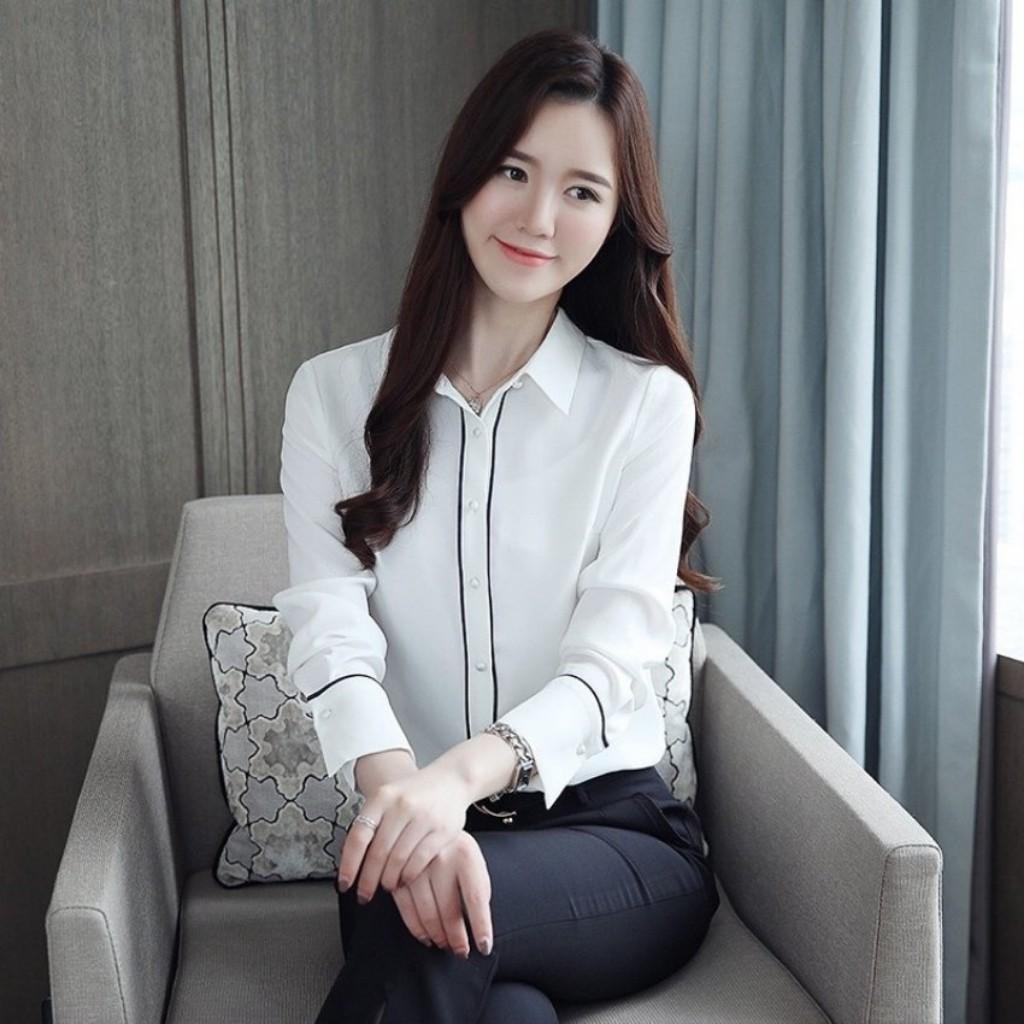 Áo Sơ Mi Nữ Dài Tay Phối Viền Đen Dọc Cúc Mã G988 Chất Kate Mềm Mịn,Thoáng Mát