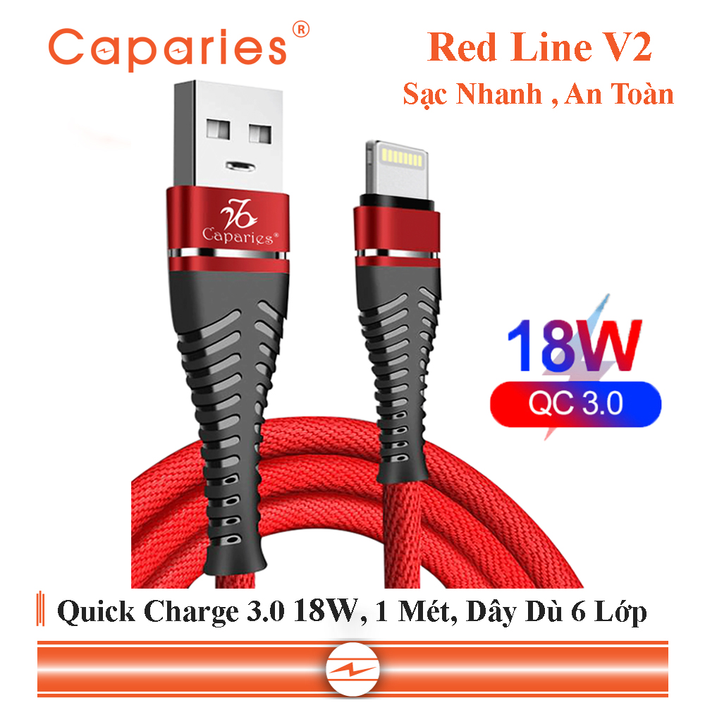 Cáp Sạc CAPARIES V2 Quick Charge 3.0 18W ,Siêu Bền 1 Mét - Dây dù 6 Lớp, Đúc Nguyên Khối, Sạc Nhanh 3.0  cáp sạc nhanh, siêu bền chống rối chống đứt, nâng cấp chip đôi, tương thích các dòng - CHÍNH HẢNG CAPARIES