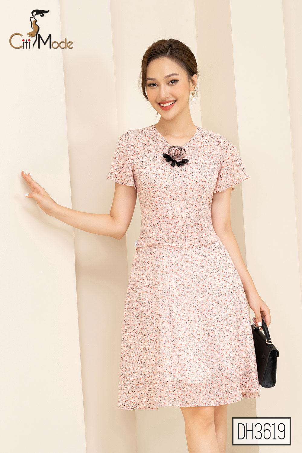 Đầm xòe peplum hồng hoa nhí công sở CITI MODE cổ V tay ngắn chất Voan cao cấp DH3619