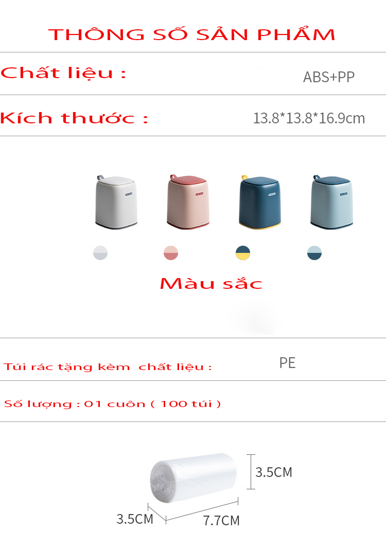 Thùng đựng rác mini để bàn làm việc, bàn trang điểm,bàn ăn, phòng ngủ ,....tiện dụng tặng kèm 01 cuộn túi đựng rác