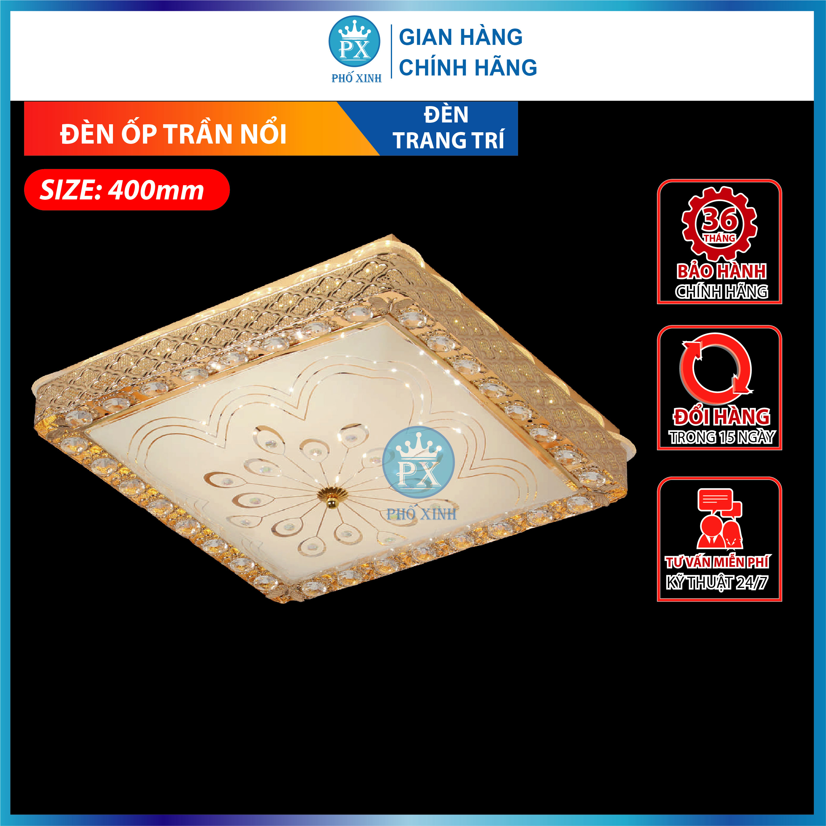 Đèn ốp trần Led trang trí,ốp trần ban công, đèn ốp trần nổi trang trí, đèn ốp vuông, mâm ốp trần nổi phi 400-500mm