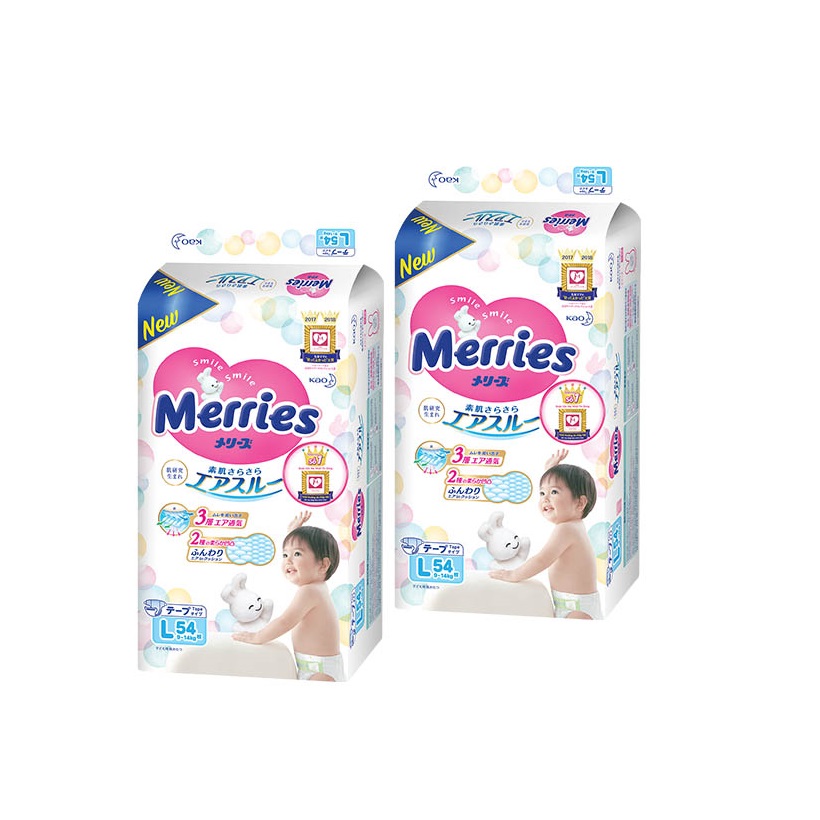 Combo 2 Tã/bỉm dán Merries size L - 54 miếng (Cho bé 9-14 kg)