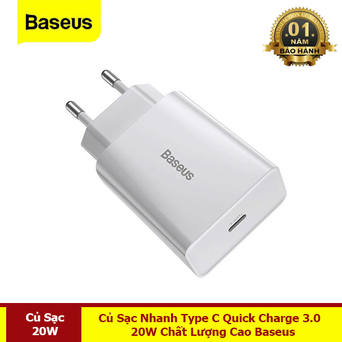 Củ Sạc Nhanh Type C 20W Quick Charge 3.0 - PD 3.0 Hỗ Trợ Sạc Nhanh Cho Điện Thoại - Hàng Chính Hãng Baseus