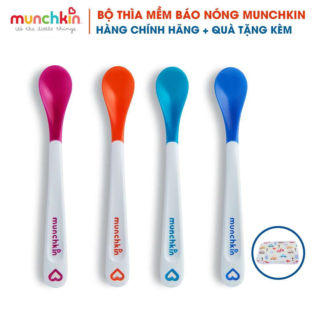 Bộ Thìa Mềm Báo Nóng Munchkin (4c).  Thìa ăn dặm cho bé. Tặng kèm tấm lót chống thấm cho bé