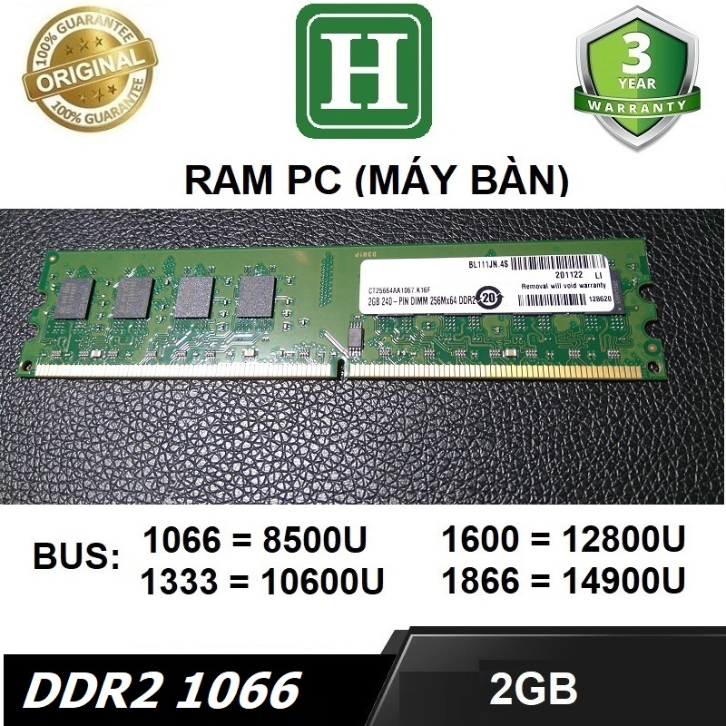 Ram PC 2GB DDR3 bus 1066 (8500U) dùng cho máy tính bàn, desktop