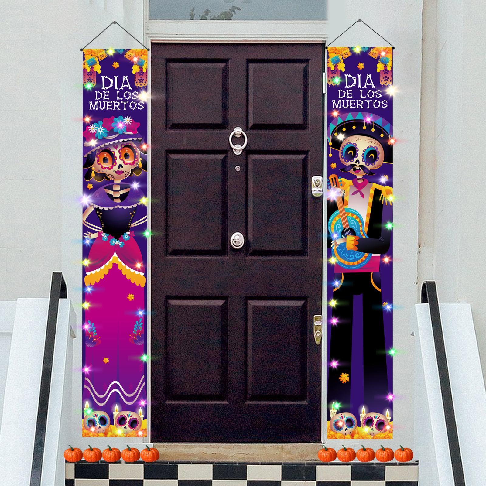 Halloween Banners Mexican Day of The Dead Flag Ornaments Holiday Hanging Banner Decorative Festival Halloween Decorations Lighted Porch Sign