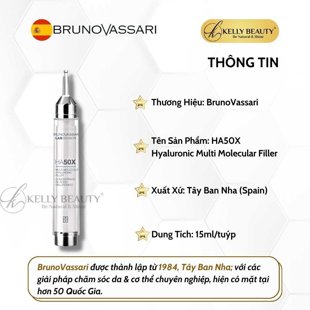 Huyết Thanh HA Siêu Cấp Ẩm Bruno Vassari HA50X Hyaluronic Multi Molecular Filler - Cấp Ẩm Đa Tầng, Săn Da - Kelly Beauty