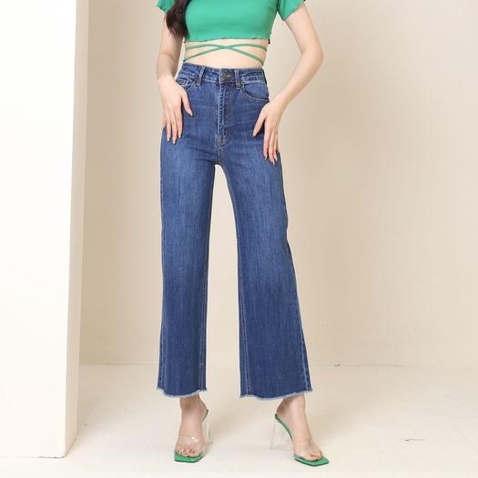 Quần Jean Nữ Ống Rộng Lưng Cao Trơn Gấu Tua Rua CT Jeans