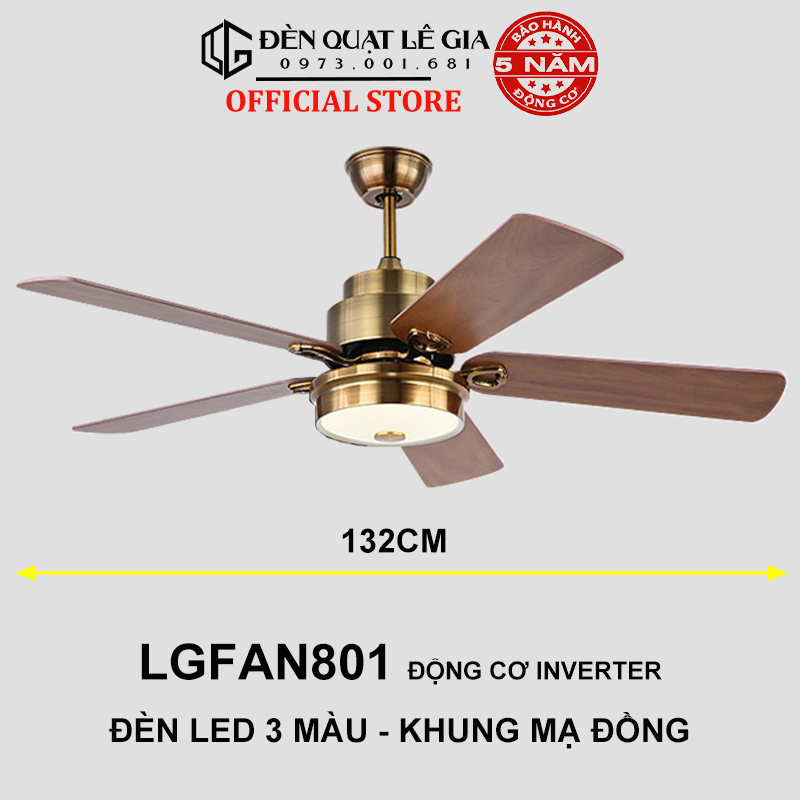 Quạt Trần Đèn Tân Cổ Điển LÊ GIA LGFAN801 - Chiều Cao 43cm - Sải Cánh 132cm - Bảo Hành 5 Năm