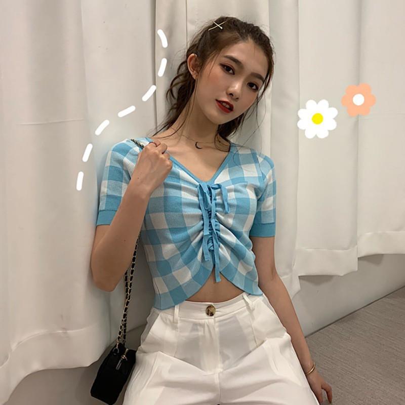 Áo Dệt Kim Nữ Ngắn Tay Cổ Chữ V Thời Trang Hàn