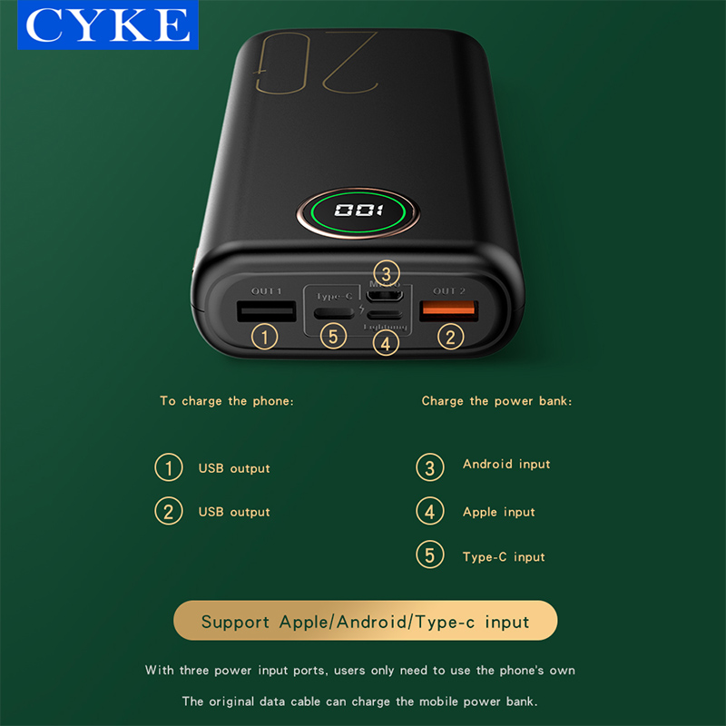 Pin sạc dự phòng CYKE 20000mAh 2.1A sạc nhanh điện thoại 2 cổng đầu ra USB và 3 cổng đầu vào (lightning/Type c/Micro usb) - Hàng Chính Hãng