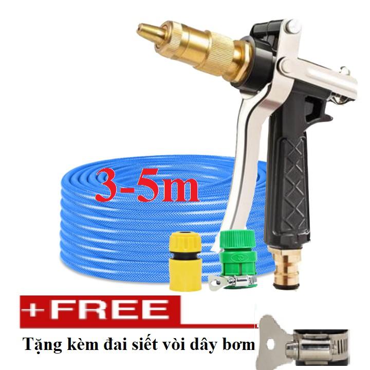 Bộ dây vòi xịt nước rửa xe, tưới cây, tăng áp 3 lần, loại 3m, 5m 206236 đầu đồng,cút,nối nhựa vàng+ tặng đai