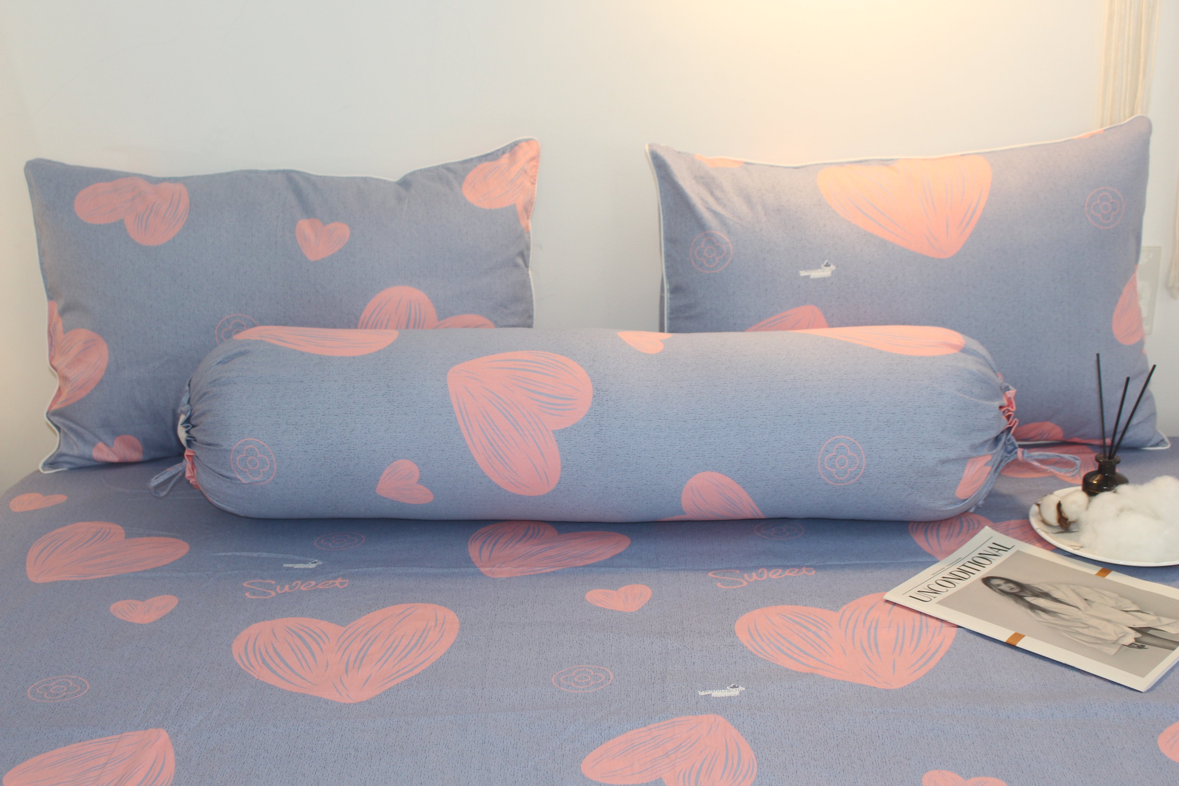 Bộ Drap Gối Cotton -Mẫu Trái Tim- vải dày dặn, mát mẻ, siêu thấm mồ hôi