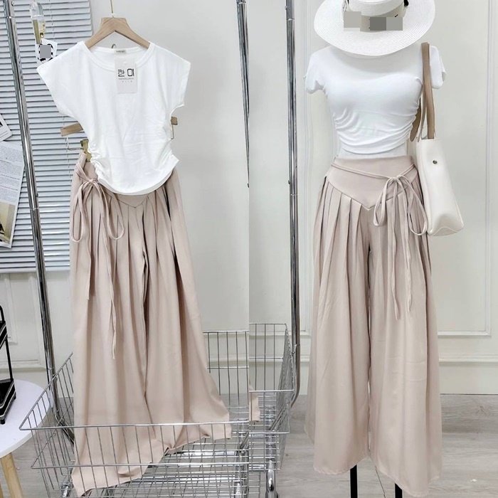 SET QUẦN ỐNG RỘNG GIẢ VÁY MIDI XẾP LY DÂY RÚT LƯNG THUN CAO MAXI + ÁO THUN 3 LỖ PASTEL ĐI TIỆC DẠO PHỐ ĐI CHƠI ĐI BIỂN