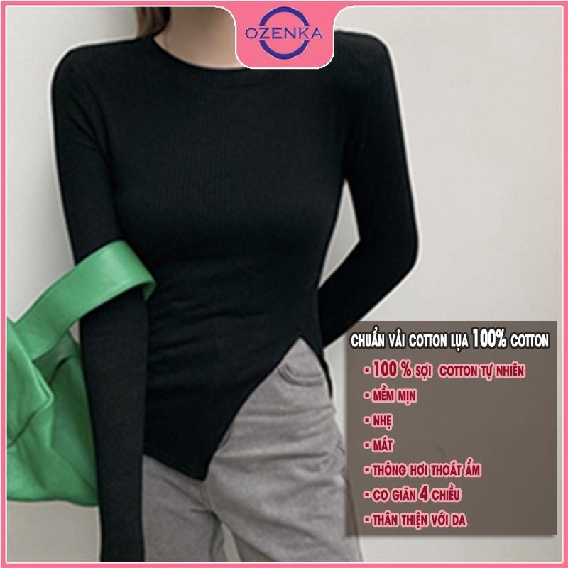 Áo thun croptop nữ tay dài sẻ gấu , ao crt ôm body phong cách Hàn Quốc chất cotton lụa màu đen trắng dưới 52 kg