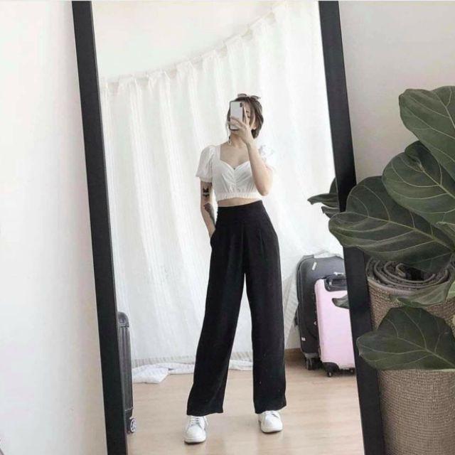 Quần ống rộng culottes suông dài chất dày lưng cao 2 màu đen be