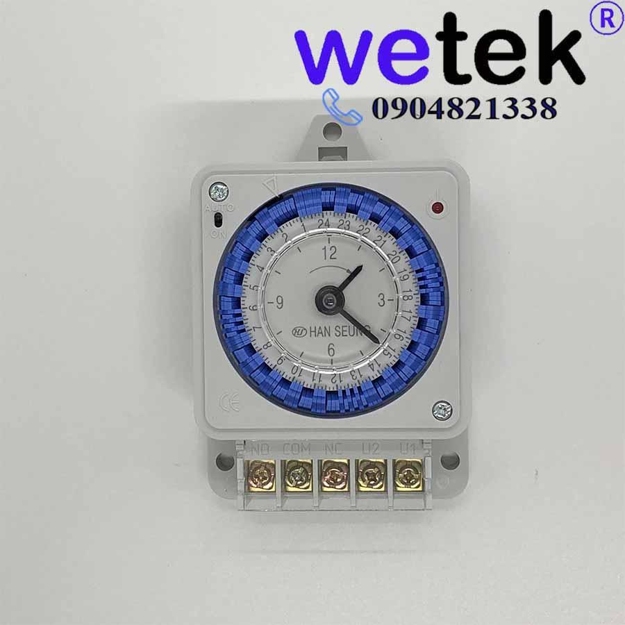 Timer 24h Hanseung, loại cơ, HTS 24 BB, có pin tự sạc, cài theo 10 phút, Hàn Quốc, cặp tiếp điểm ra 16A, 110Vac~220Vac