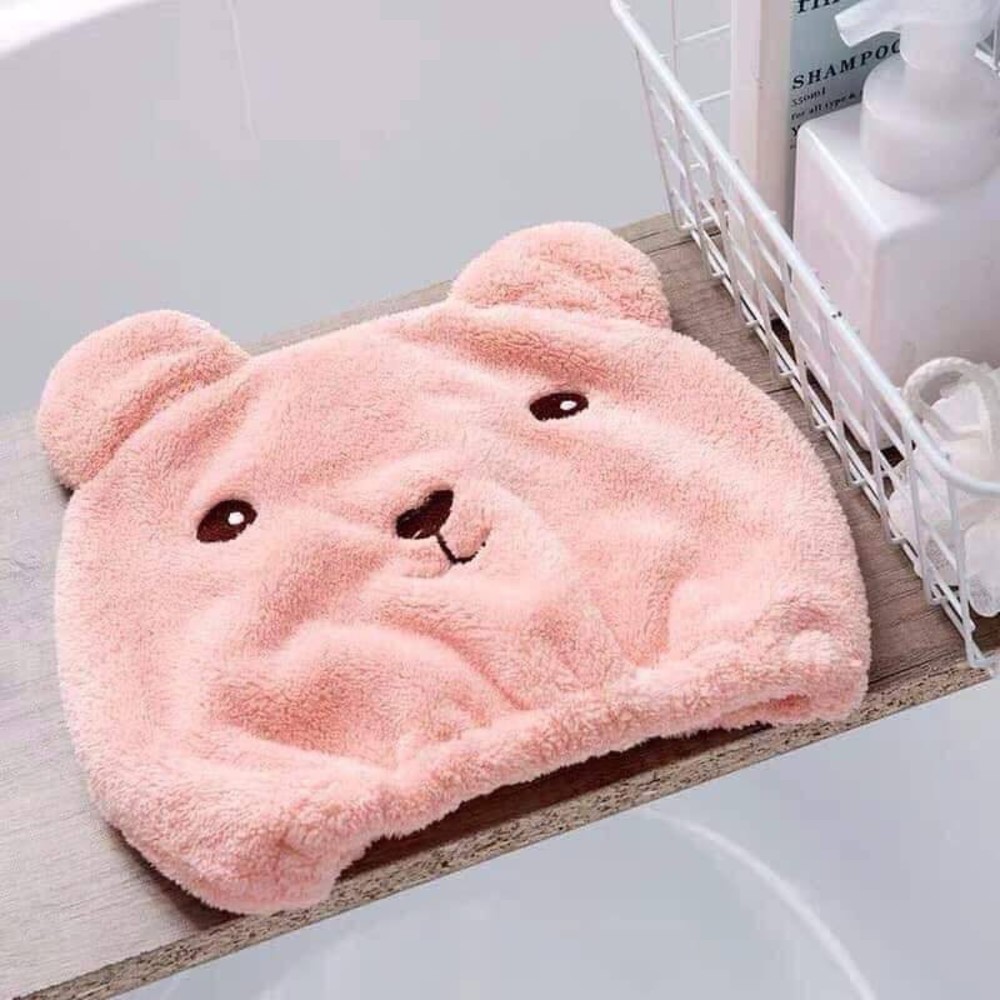 Khăn Trùm Đầu Hình Gấu Siêu Đáng Yêu Dạng Nón Làm Từ Bông Cao Cấp Cho Khả Năng Thấm Hút Tốt, Giúp Tóc Mau Khô, Không Bị Hôi, Phù Hợp Cho Mọi Lứa Tuổi