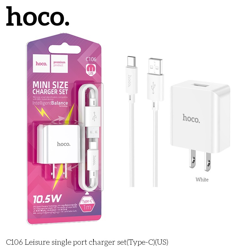 Bộ sạc điện thoại cho Iphone và Android hoco. C106 cổng USB sạc nhanh 2.1A dây dài 1M, dòng điện ổn định an toàn bảo vệ máy - Hàng Chính Hãng