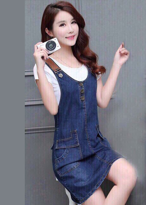 Đầm Yếm Jean Nữ Phối Da Nút Ngực Duyên Dáng