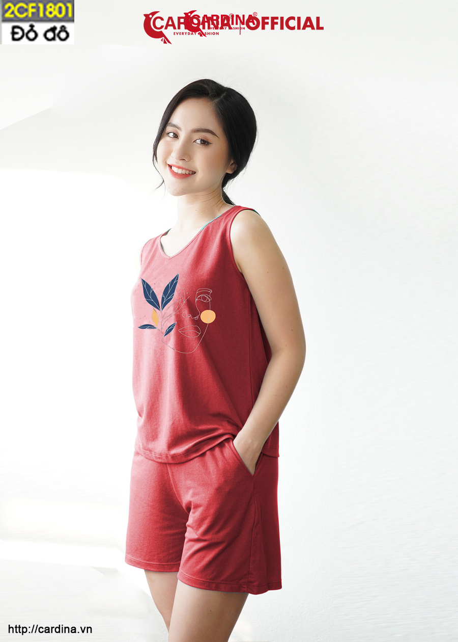 Đồ Bộ Nữ CARDINA Chất Cotton Nhật Cao Cấp Quần Đùi Áo Sát Nách Co Giãn In Lá 2CF18
