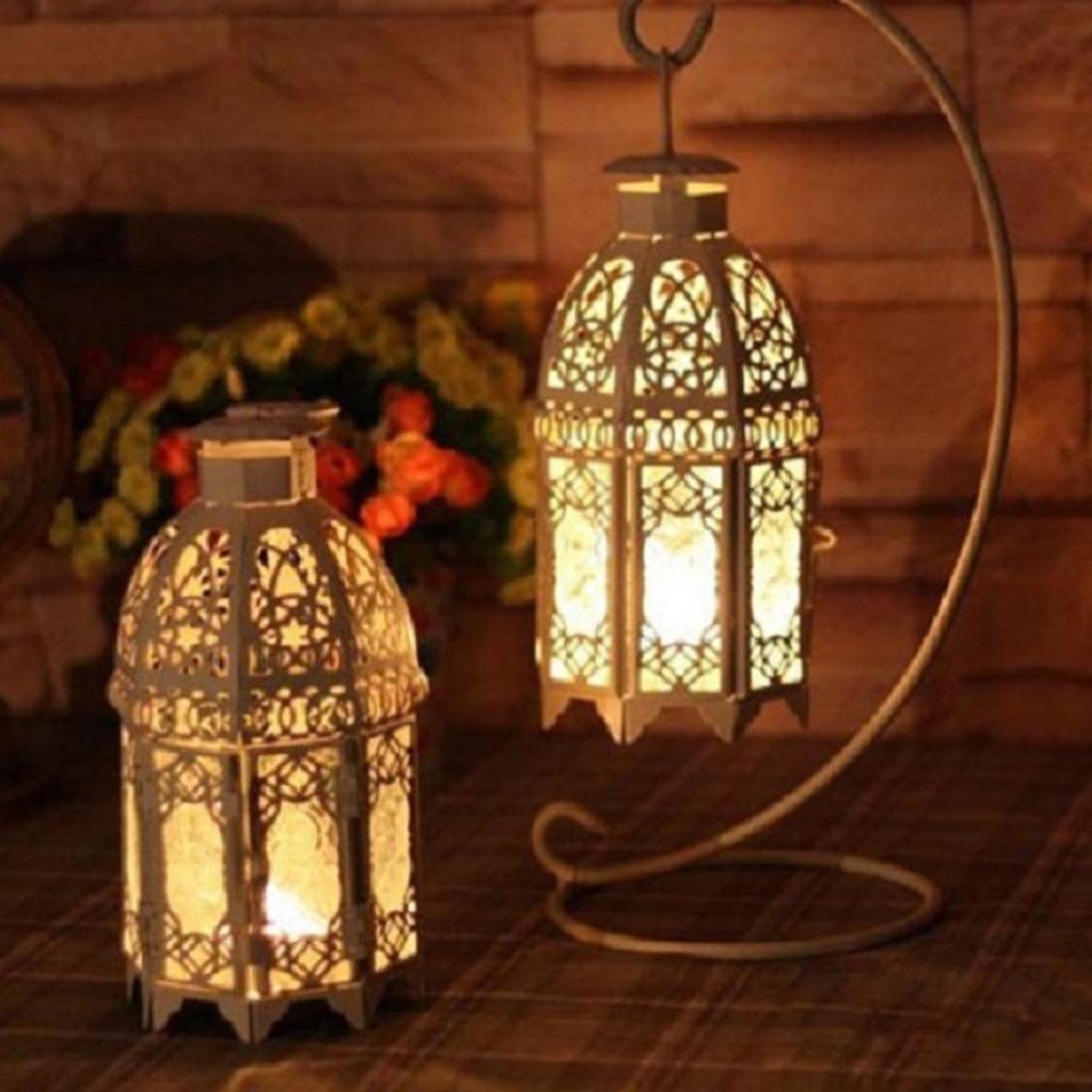 Tea Light Candle Holder Moroccan Lantern Coloured Glass Candlestick White