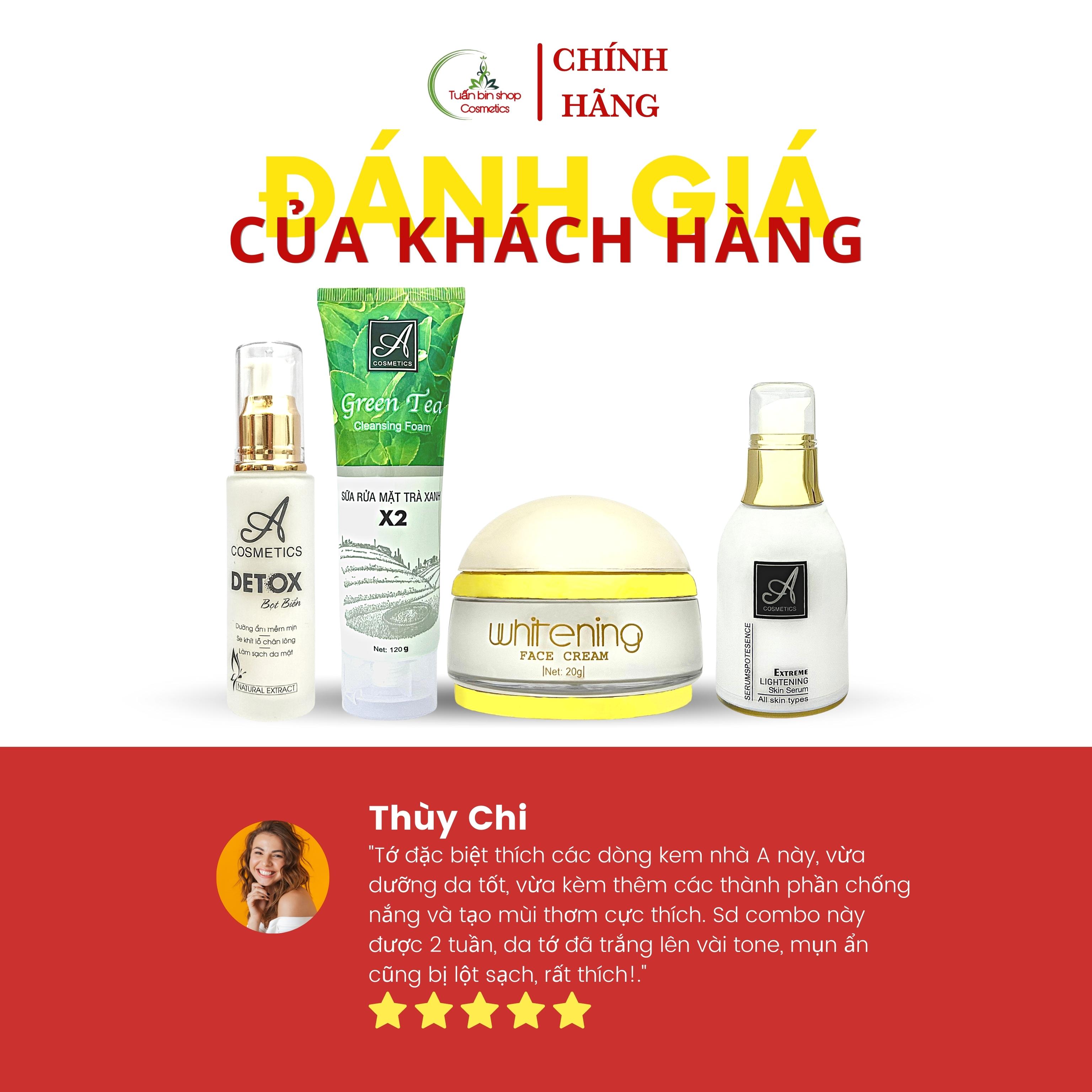 Combo dưỡng trắng da mặt hoàn hảo Acosmetics, kem face pháp, serum dưỡng ẩm, sữa rửa mặt trà xanh x2, detox bọt biển 220g